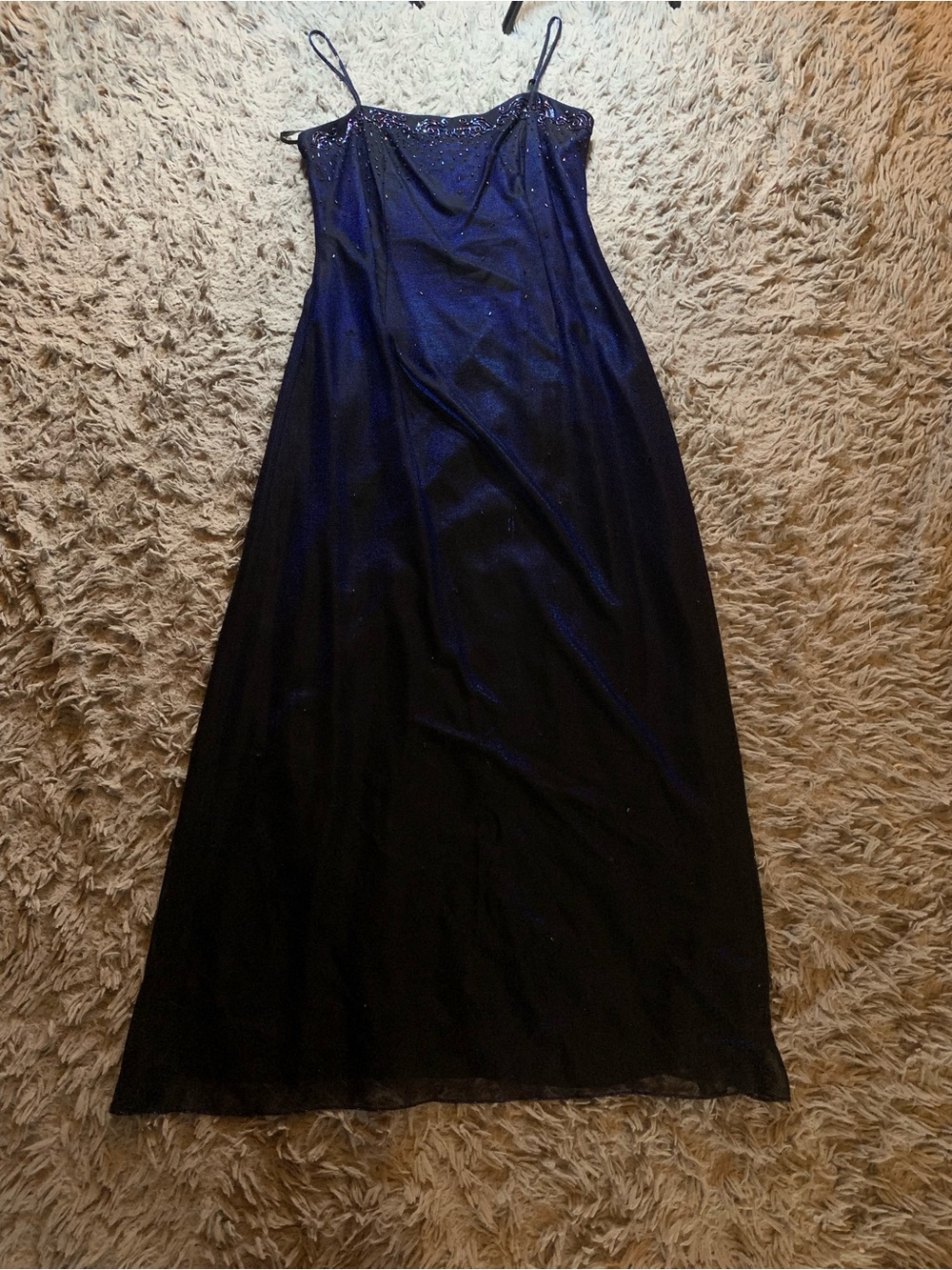 Vintage Y2K Cache Dress blue iridescent  beaded spaghetti strap maxi dress sz 14